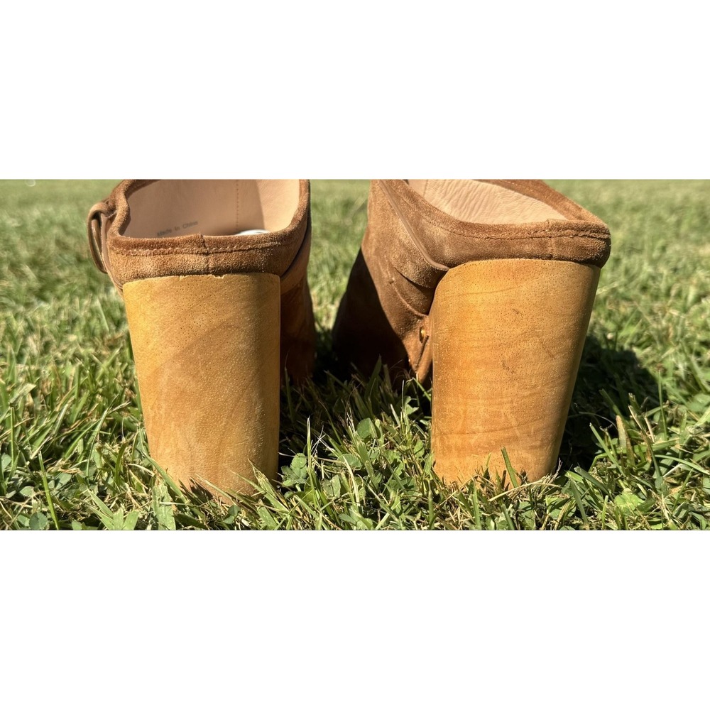 Veronica Beard Dacey Suede Wooden Clog Mule Camel Brown Studded Buckle Heel 8.5M - Picture 5 of 13